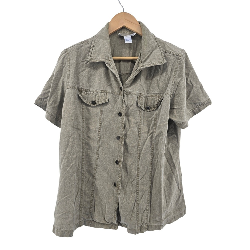 Anna and Frank Shirt Womens Large Olive Green 100% Silk Short Sleeve Button Up